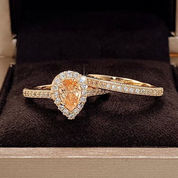 NEW 18k Gold Champagne Diamond Ring Pear Cut Teardrop Ring Set of 2 Rings - Picture 2 of 7